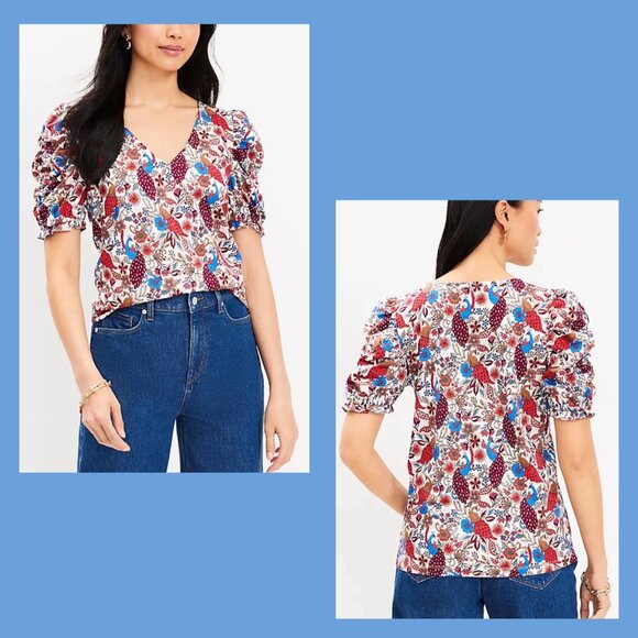 WOMEN LOFT Peacock Ruffle Cinched Sleeve V-Neck Top M - Picture 1 of 15